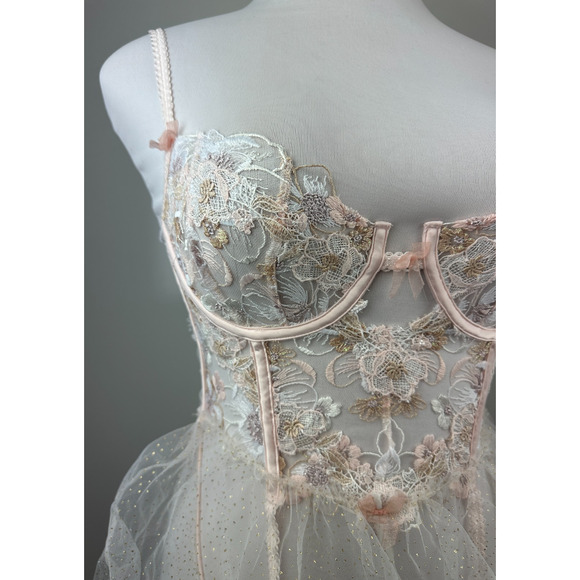 NWT For Love & Lemons Mae Teddy W/ Garters Babydoll Lingerie Pink Shimmer Med M - Picture 5 of 16